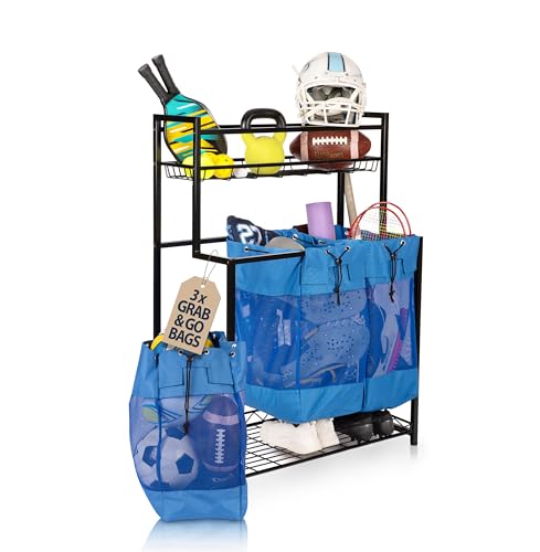 Garage Sports Equipment Organizer - Vertical Ball Storage Rack with 3 Heavy Duty Bags (blue) - Metal Frame Organizer for Balls and Outdoor Gear. Home Gym Storage Organizer. Yoga Workout Organizer. - color: Blue