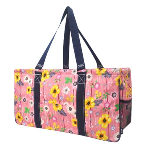 Extra Large Utility Tote Reusable Grocery Bag Oversized Collapsible for Groceries, Storage, Picnic, Beach (Country Flowers-Navy) - color: Country Flowers-navy