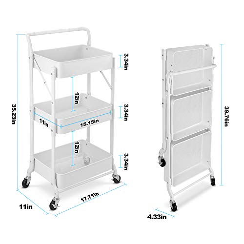 Foldable 3 Tier Metal Utility Rolling Cart, Folding Mobile Multi-Function Storage Trolley Organizer Cart for Home Library Office(White) - color: White