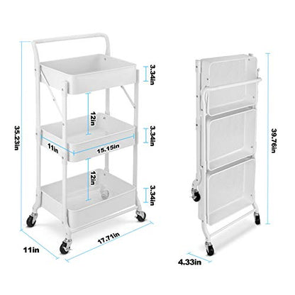 Foldable 3 Tier Metal Utility Rolling Cart, Folding Mobile Multi-Function Storage Trolley Organizer Cart for Home Library Office(White) - color: White