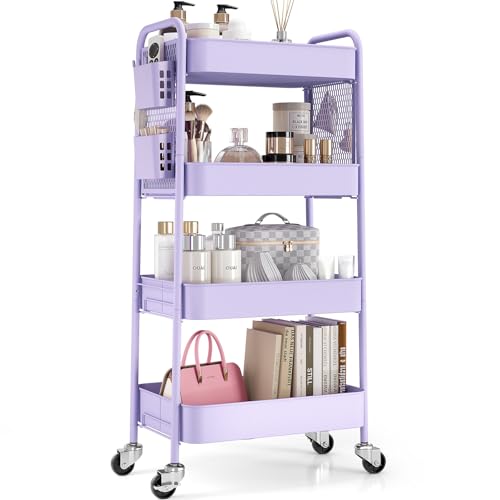 TOOLF 4 Tier Rolling Cart with Pegboard, Metal Storage Organizer Cart with Wheels, Hooks & Bins Esthetician Craft Art Sturdy Storage for Bathroom, Kitchen, Office, Nursery Diaper - color: Purple, size: 4-Tier