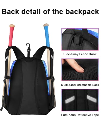 MATEIN Softball Bag, Lightweight Baseball Backpack with Shoe Compartment, Baseball Bag with Fence Hook for TBall Bat & Equipment, Softball Gifts Catchers Backpack for Women Fit Catcher’s Mitt, Helmet - color: Galaxy Blue