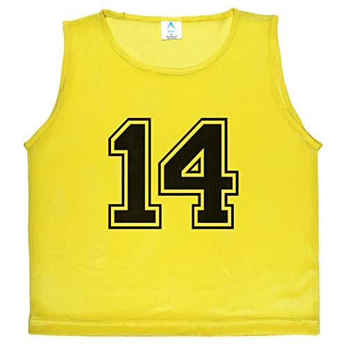 Athllete 12 pcs Duramesh Pinnies/Scrimmage Vest - Kids Youth and Adult Pinnies, Numbered Penny Jerseys for Soccer - color: Golden Yellow Numbered Front/Back (13-24), size: Large