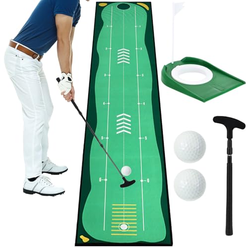 Portable Golf Putting Mat, Mini Golf Putting Green Set with Putting Mat, Putting Cup, Retractable Push Rod (Youth) with 2 Balls, Putting Mat for Indoors, Golf Gifts for Men Kids