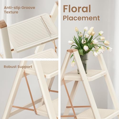 4 Step Ladder, 4 Step Stool for Adults, Folding Step Ladder with Secure Footing, Widened Pedal, Aesthetically Pleasing Looking, Blends Right into Domestic Rooms, Cream Chocolate - size: 4 Step