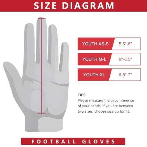 Youth Football Gloves Kids with Ultra Sticky Palm Flag Receiver Gloves - color: Fire Red, size: Youth XS-S