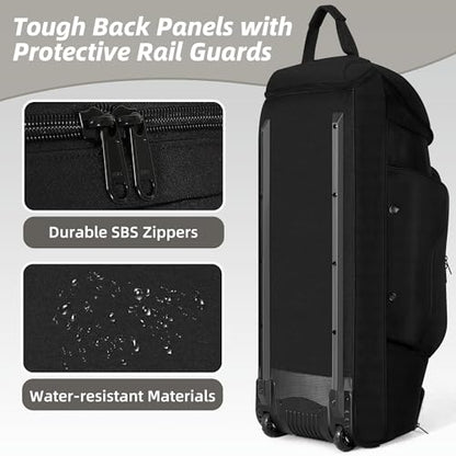 Shopsource Catchers Gear Bag with Wheels, 99L Large Capacity Rolling Baseball Bag with Multi-Pockets, Sturdy Softball Bag with Sturdy Back Base Plate, 4 Bat Sleeves, Shoe Compartment, Fence Hooks