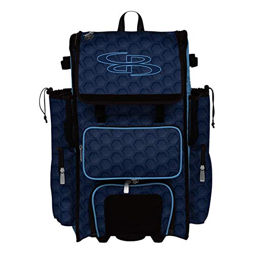 Boombah Rolling Superpack 2.0 3DHC Baseball/Softball Gear Bag - 23-1/2" x 13-1/2" x 9-1/2" - Multiple Colors - Telescopic Handle and Holds 4 Bats - Wheeled Version - color: Navy/Columbia
