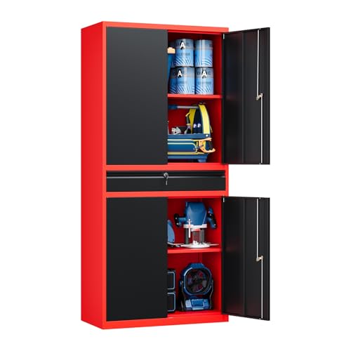 Yizosh Metal Garage Storage Cabinet with Locking Doors and Adjustable Shelves,- 71" Tool Storage Cabinet with 1 Drawer for Garage,Office,Warehouse - color: Red Black, size: 1 Drawer - 71"H