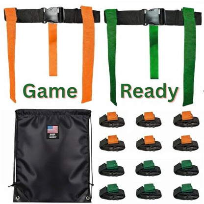 HE Adult Flag Football Belts 40″ Adjustable, Extra-Wide 2″ Heavy-Duty Polypro – American Made Lifetime Waranty Several Colors - color: Green/Orange