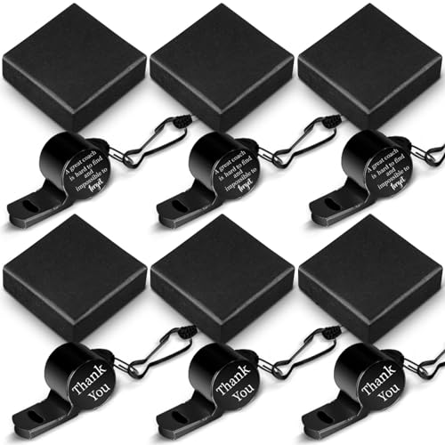Oudain 6 Set Coach Whistles Soccer Coach Gifts for Men Stainless Steel Whistle with Gift Box Thank You Engraved Whistle Gifts for Golf Referees - color: Black