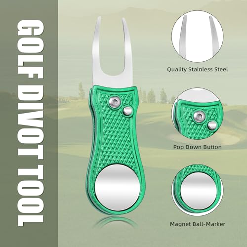 Mile High Life Golf Divot Repair Tool, All Metal Foldable Divot Tool with Pop-up Button & Magnetic Ball Marker - color: Green Bone