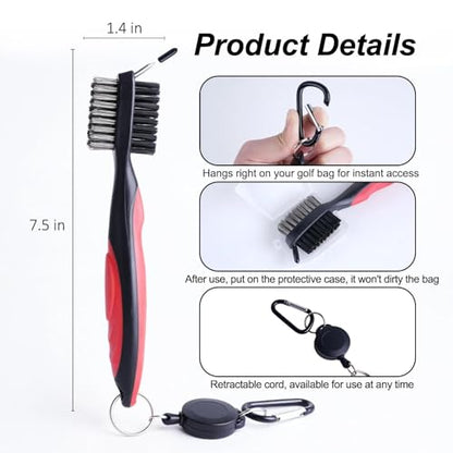 Durable Golf Club Groove Cleaner Brush and Shoes Brush With Handle - Dirt Mud Remover Tool for Golf Clubs and Shoes - Retractable Zip-line Aluminum Carabiner