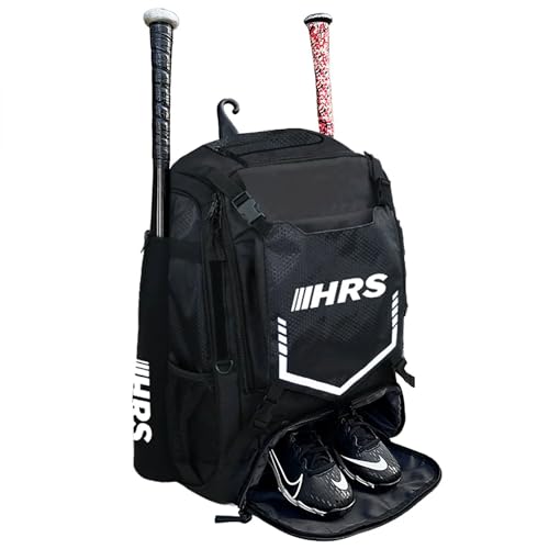Hit Run Steal Large Baseball/Softball Bat Bag Backpack, Black - 4-Bat Capacity, Helmet and Glove Space, Vented Shoe Pocket, Padded Straps, Bottle Holder, Fence Hook