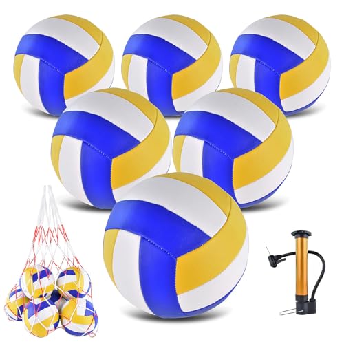 6 Pack Volleyballs Official Size 5, Soft Bulk Recreational Volley Balls with Pump and Net Bag for Indoor Outdoor Beach Pool Water Sand Game Training Match for Beginner - color: Yellow