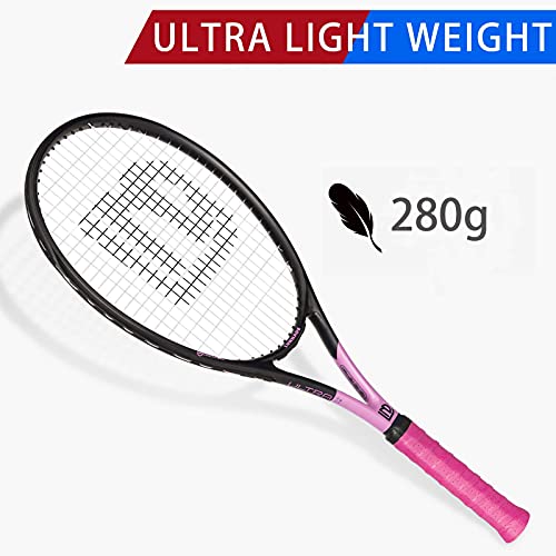 Adults Tennis Racket 27 Inch, Shockproof Carbon Fiber Tennis Racquet Light-Weight, Pre-Strung and Regrip, Suitable for Beginners to Intermediate Players - color: Black+Pink