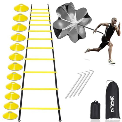 Speed Agility Ladder Training Set, 12 Rung 20Ft Agility Ladder, 12 Disc Cones, 4 Steel Stakes, Resistance Parachute with Carry Bag