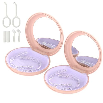 2Pack Retainer Case with Mirror, Compatible with Invisalign, Orthodontic Aligner Case with Removal Tool and Brush, Pink - color: 2 Pack - PinkMirror