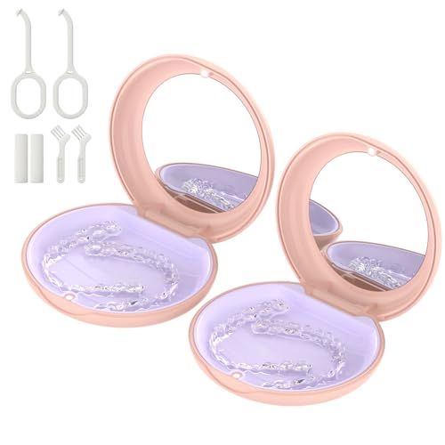 2Pack Retainer Case with Mirror, Compatible with Invisalign, Orthodontic Aligner Case with Removal Tool and Brush, Pink - color: 2 Pack - PinkMirror