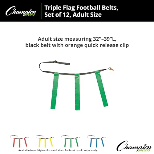 Champion Sports Quick Release Flag Football Set – Durable Belt, 3 Detachable Flags & Adjustable Fit (25”-50”) - color: Green Flags, size: Small (25"-31")