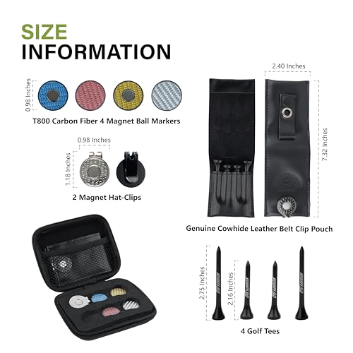 SANDIAN [Full Set], Golf Ball Markers Carbon Fiber T800 Set with Genuine Black Leather Belt Clip Tee Holder Pouch, Magnetic Hat Clips, Storage Case [Black Leather]