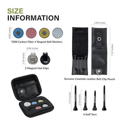 SANDIAN [Full Set], Golf Ball Markers Carbon Fiber T800 Set with Genuine Black Leather Belt Clip Tee Holder Pouch, Magnetic Hat Clips, Storage Case [Black Leather]