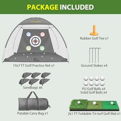 FILORI Golf Practice Net 10x7FT - Golf Hitting Net with Tri-Turf Mat, 8 Balls, Tee & Carry Bag, Indoor/Outdoor Backyard Training for Driving Chipping Swing, Ideal Gifts for Men Dad Husband Golfer