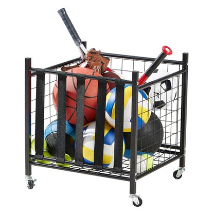 True & Tidy® Metal Storage Cart with Straps and Wheels, Elastic Straps Locking Wheels Indoor Outdoor Steel Equipment Ball Cart Holder, Stuffed Animal Toy Storage Organizer - Home, Garage, School, Gym