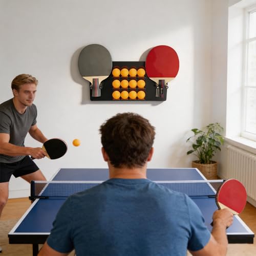 Ping Pong Paddle Holder, Wall Mounted Acrylic Table Tennis Racket & Ball Storage Rack, Holds 6 Paddles and 12 Balls, Space Saving Organizer for Game Room Home Gym, Black