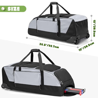 GOBUROS Rolling Baseball Softball Bag with Wheels for 4 Bats, Baseball Duffle Bag with Separate Shoe Space and Multiple Pockets for Softball Equipment, Gray