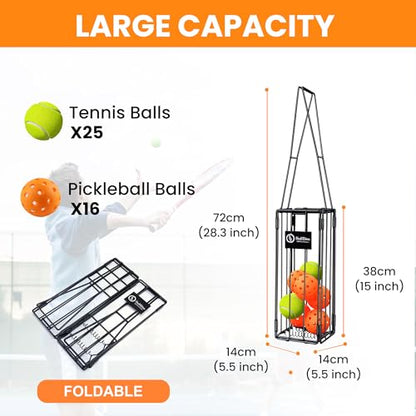 Foldable Tennis Ball Hopper - Collapsible Design Holds 25 Tennis or 16 Pickleballs, Dual Spring Pickup, No Assembly Portable Basket for Easy Storage & Court Practice
