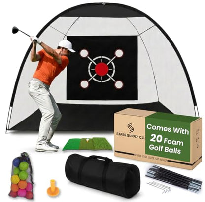 Golf Net for Backyard 10x7ft with 20 Foam Balls Set & Tri-Mat, Heavy Duty Golf Hitting Net Indoor Outdoor with Target, Home Training Equipment for Driving Chipping Swing Practice