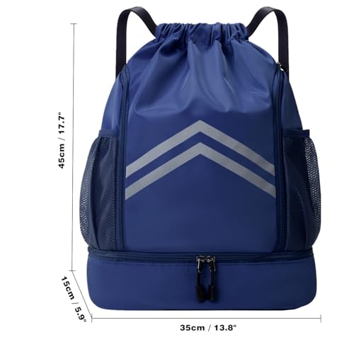 Drawstring Backpack - Water Resistant Sports Gym Bag with Shoes Compartment and Water Bottle Holder Pockets - String Cinch Bag - Pull String Bag - Sport String Sackpack for Men Women,Navy Blue - color: Navy Blue