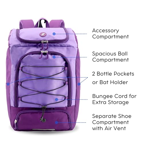 J World Athlete Sports Ball & Baseball Bag. Soccer Volleyball Basketball Backpack Women Men. Kids Softball Bat Bag Girls Boys - color: Purple