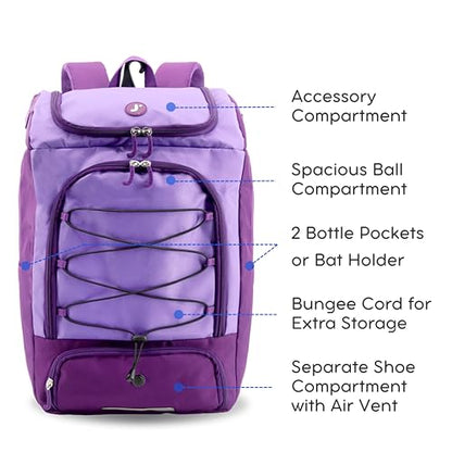 J World Athlete Sports Ball & Baseball Bag. Soccer Volleyball Basketball Backpack Women Men. Kids Softball Bat Bag Girls Boys - color: Purple