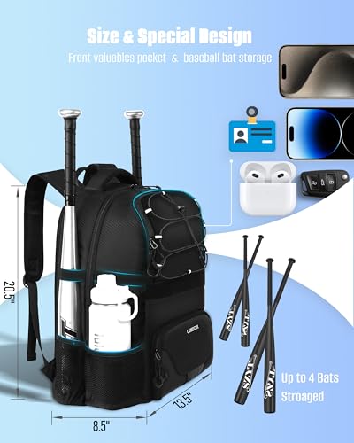 COMECOI Softball Bag, Lightweight Baseball Backpack with Shoes Compartment, Baseball Bat Bags with Fence Hook for TBall Bat & Equipment, for Batting Mitten, Helmet, for Girls, Boys, Youth, Adults - color: Black