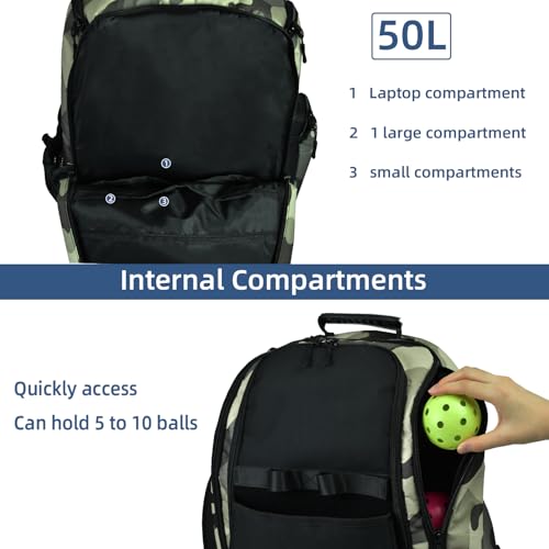 Pickleball Backpack, Large Sports Bag with Shoe Compartment, for Men and Women - color: Camouflage