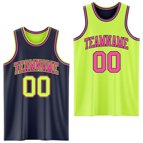 Custom Reversible Basketball Jerseys Men Youth, Personalized Sports Shirts Team Uniforms Printed Name Logo Number - color: Navy Blue and Fluorescent Green - Pink