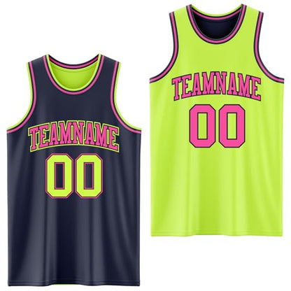 Custom Reversible Basketball Jerseys Men Youth, Personalized Sports Shirts Team Uniforms Printed Name Logo Number - color: Navy Blue and Fluorescent Green - Pink
