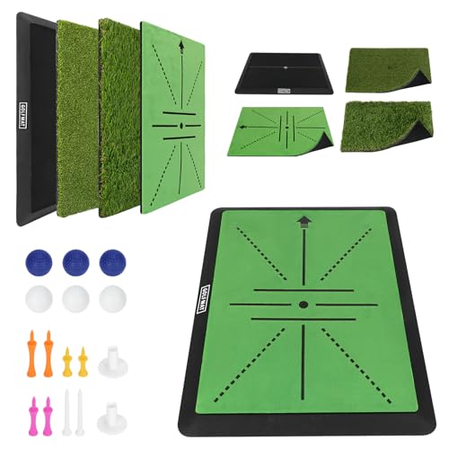 Golf Hitting Mat Training System, 3-in-1 Training Mats for Swing Path Feedback, Fairway, Rough Mats with No-Slip Heavy-Duty Rubber Base, 16"x12" Golf Practice Mat for Golfers, Beginners & Pros