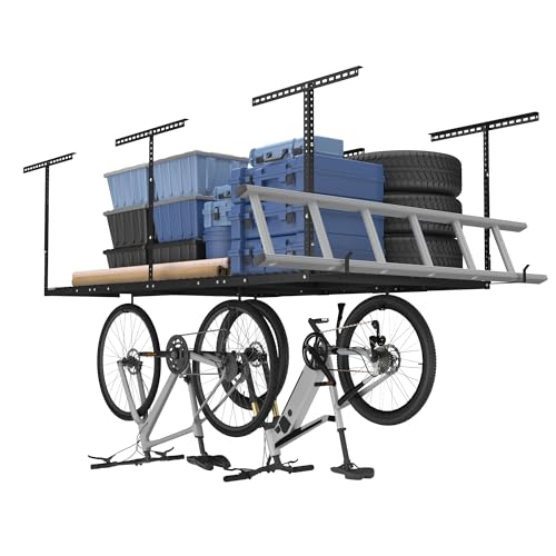 FLEXIMOUNTS 4x8 Overhead Garage Storage Rack w/Hooks Adjustable Ceiling Storage Rack, 96" Length x 48" Width x 40" Height, 22''-40" Ceiling Dropdown, Black, Classic Series