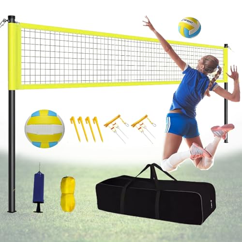 Portable Outdoor Volleyball Net System - Sag-Resistant Design, Complete with Poles, Volleyball, Pump & Carrying Case - Ideal for Beach & Grass Play.