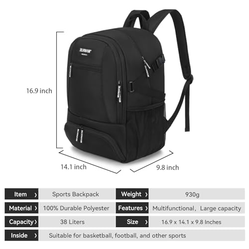 Basketball Backpack with Ball Holder & Shoe Compartment, Large Sports Bag for Men Women, Water Resistant Gym Backpack for Soccer, Football, Volleyball – Black