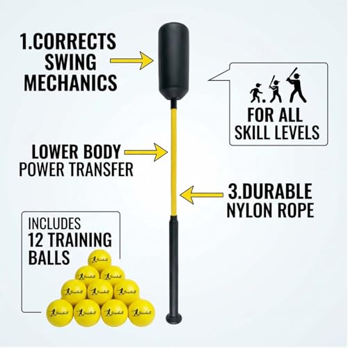 Baseball Swing Trainer Bat with 12 Soft Practice Balls & Carry Bag - Kinetic Chain Hitting Mechanics Tool with Adjustable Grip, Nylon Rope Centrifugal Force Corrector for All Skill Levels