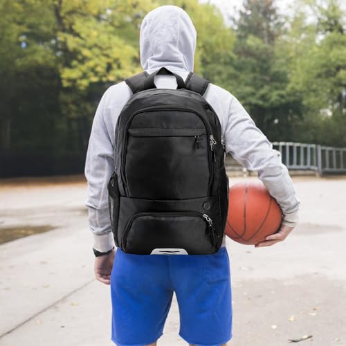 Basketball Backpack, Large Soccer Bag with Separate Ball Holder Shoe Compartment, Black Sport Bag for Basketball, Soccer, Football, Volleyball, Gym, Training, Travel
