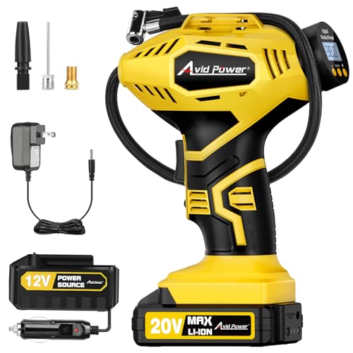 AVID POWER Cordless Tire Inflator Portable Air Compressor, 20V Rechargeable Battery Powered Car Tire Pump w/ 12V DC Adapter, Digital Pressure Gauge, Air Pump for Car, Bike, Motorcycle, Ball - color: Yellow