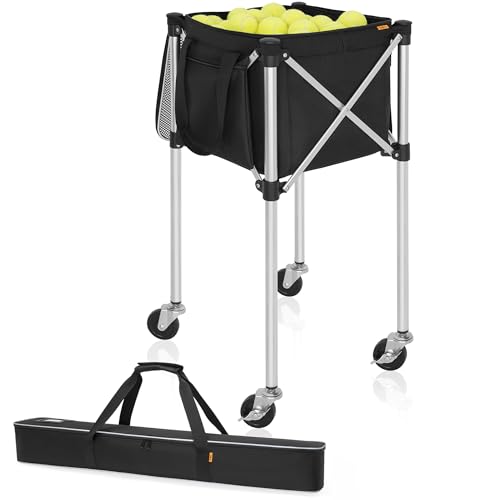 Foldable Tennis Ball Cart Holds 180 Balls Wheeled Tennis Ball Hopper Sports Teaching Carts with Storage Bag, Light Auminum Alloy