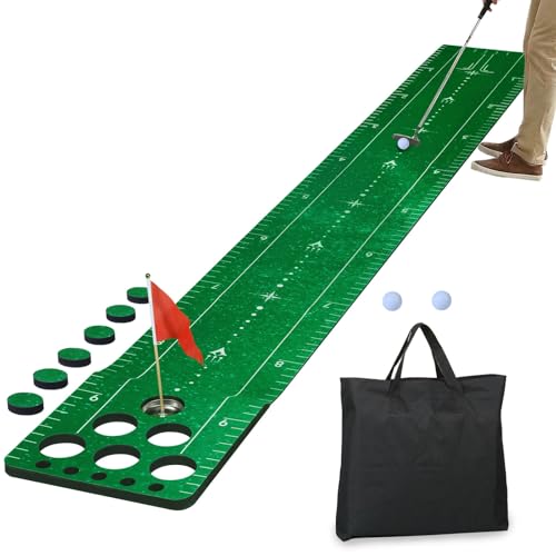 Chriiena Golf Putting Game Mat, Indoor Putting Green Set with 2 Balls, 1 Storage Bag, 1 Flag & Cup, Portable Pong Game Mat for Backyard Party Use - color: Green