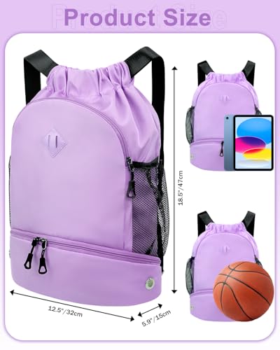 RHDZO Drawstring Backpack Gym Backpack with Shoe Compartment for Men Women String Sports Bag with Wet Pocket Cinch Swim Beach Bag, Large Purple - color: Large Purple