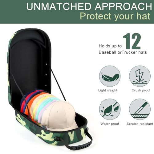 GERMUN Hard baseball hat case, Hat Carrier Travel Case with Adjustable Shoulder Strap, Hat cap case for 12 Baseball Caps - Perfect for Traveling & At-Home Storage (Camo Green) - color: 12 Camo Green2